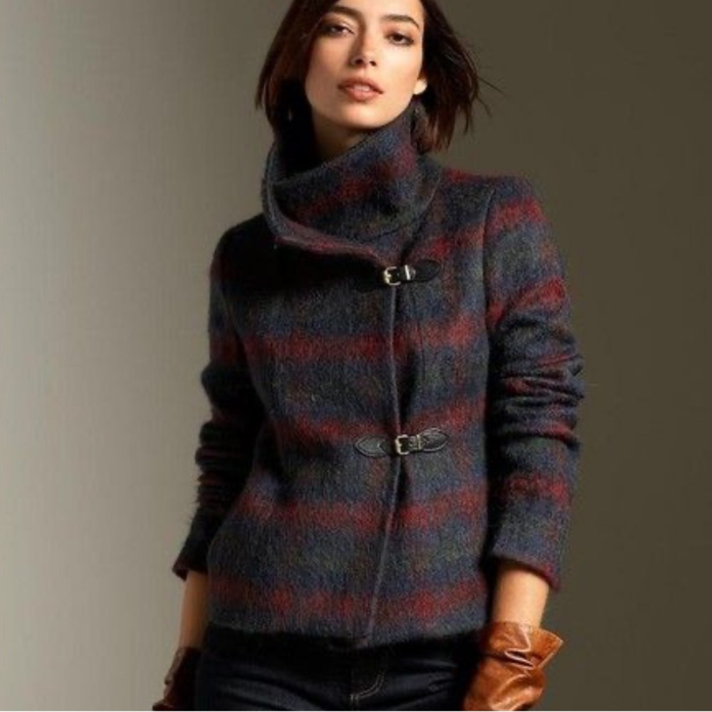 Talbots wool & alpaca plaid overcoat with buckle front detail & funnel neck 24w